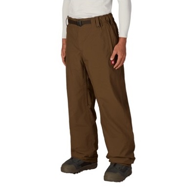 Person wearing brown hiking pants with a black belt and rugged hiking boots.