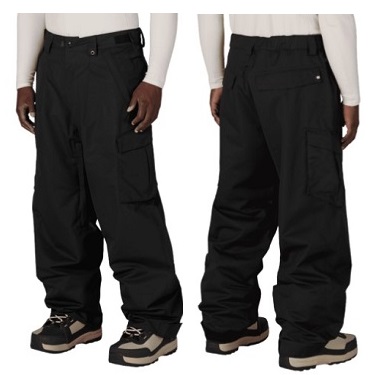 Two people wearing black cargo pants with multiple pockets, shown from front and back, paired with beige tops and hiking boots.