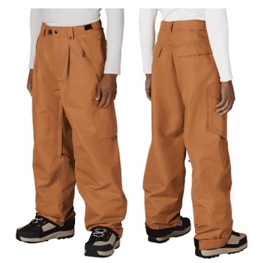 Two views of orange cargo pants on a mannequin, showing belt loops and multiple pockets with sneakers and a white top behind them.