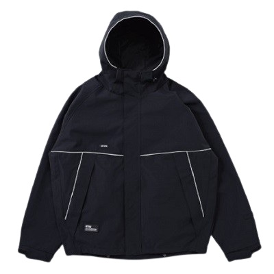 Black hooded windbreaker jacket with white piping and zip pockets in a front view.