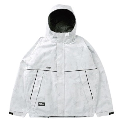 White hooded jacket with black-trim pockets and seam lines for a sleek, weather-ready look.
