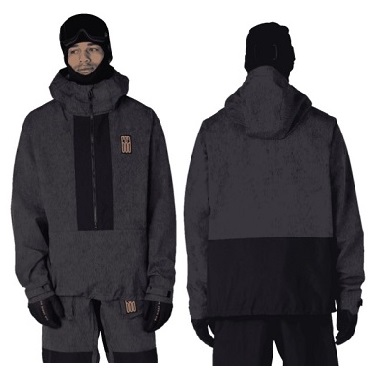 Front and back view of a dark gray hooded jacket with black panels, chest logo patch, and adjustable cuffs.