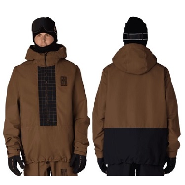 Front and back views of a brown two-tone hooded winter parka with a black lower back panel, worn with black gloves and a black beanie.