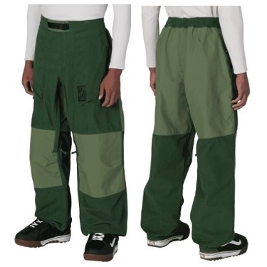 Front and back views of two models wearing two-tone green cargo pants with panel color blocks and knee-area patches.