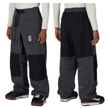 Front and back views of color-block cargo pants with gray and black panels, drawstring waist, and multiple pockets.