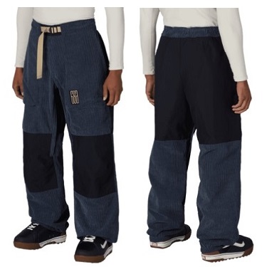 Two-tone patchwork denim pants with a beige belt, shown from the front and back on a model.
