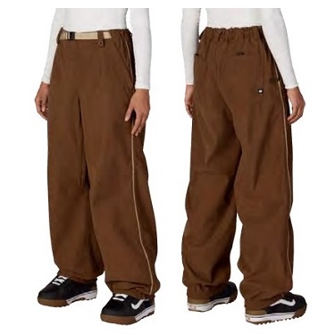 Front and back views of a person wearing loose brown baggy pants with an elastic waistband, paired with sneakers.
