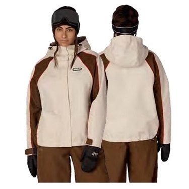 Front and back view of two people wearing beige ski jackets with brown sleeves, brown pants, black gloves, and goggles