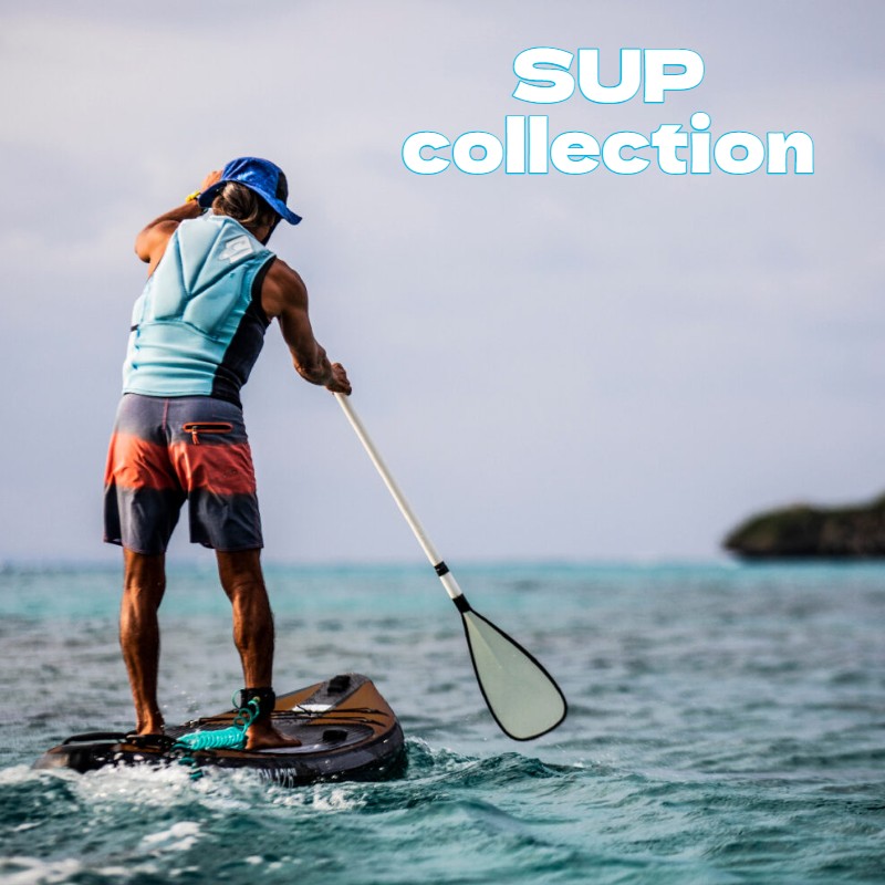 Person stand-up paddling on turquoise water wearing a blue hat and life vest; 'SUP collection' text appears in the upper-right corner.