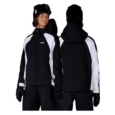 Woman wearing a black and white ski jacket with matching pants, gloves, and a helmet, shown from the front and back.