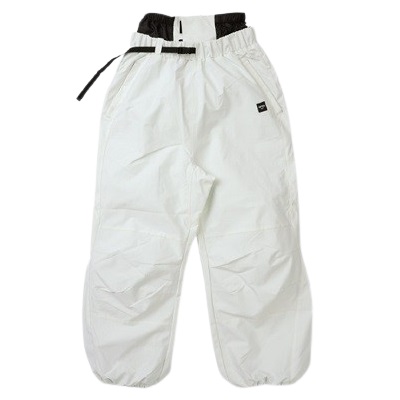 White waterproof snow pants with a black belt and elastic ankle cuffs, designed for winter outdoor wear.