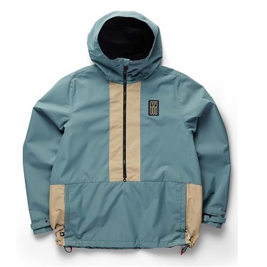 Blue-green hooded windbreaker with a beige center stripe, front zip, and a large front pocket with beige side panels.