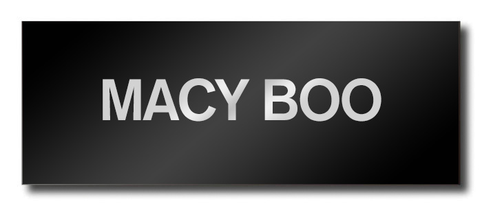 Black gradient banner with the brand name 'MACY BOO' in bold silver letters.