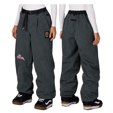 Front and back view of dark gray baggy cargo pants with a black waistband and patches on the left thigh.