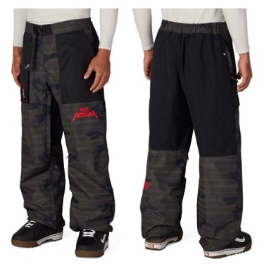 Two people wear loose-fitting cargo pants: left in camouflage with patches, right in solid black with camo cuffs (front view).