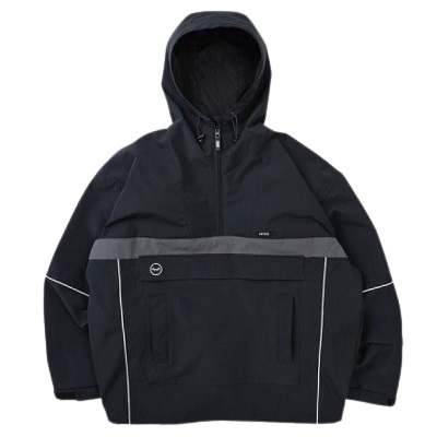 Hooded navy windbreaker with a large front pocket, reflective trim, and chest zipper on a white background
