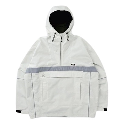 White hooded windbreaker with drawstrings, a large front pocket, and a light gray chest stripe; front view.