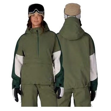 Two people wearing olive-green ski jackets and pants; front and back views show color-block design with white sleeves and dark green accents, gloves and beanies included.