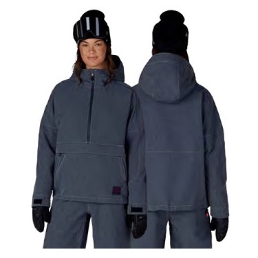 Front and back views of a blue-gray waterproof snowsuit with hood, gloves, and a black striped beanie.