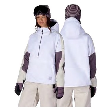 Two models wearing white snowboard jackets with purple and beige color-block sleeves; front and back views shown, paired with beige pants, gloves, and knit hats.