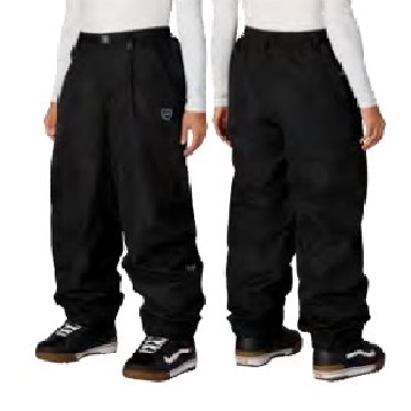 Two people wearing loose black pants and sneakers, shown from the front and back side by side.