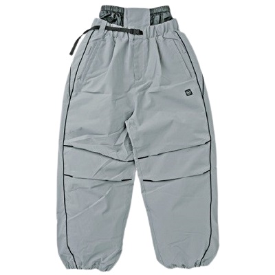 Light gray baggy pants with an adjustable drawstring waist, elastic cuffs, side pockets, and black seam piping.