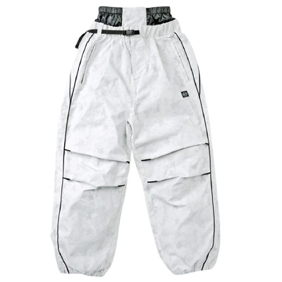 White baggy ski/snow pants with black waistband and zip pockets