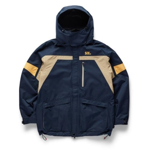 Navy waterproof jacket with tan panel accents, hood, front zipper, and multiple pockets.