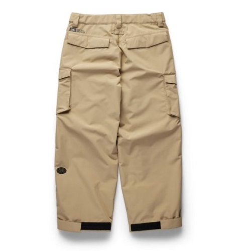 Tan cargo pants in light khaki with multiple pockets, back yoke and roll-up cuff details.