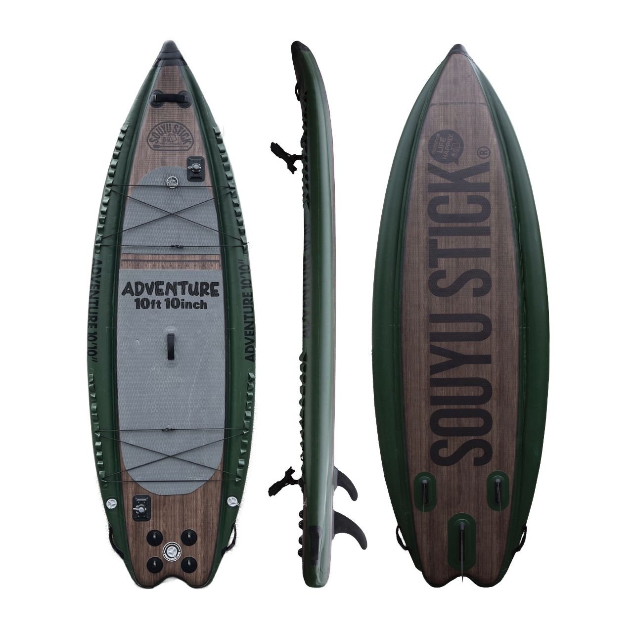 Three-view image of a green-edged stand-up paddleboard with wood deck, showing top, side, and bottom perspectives.