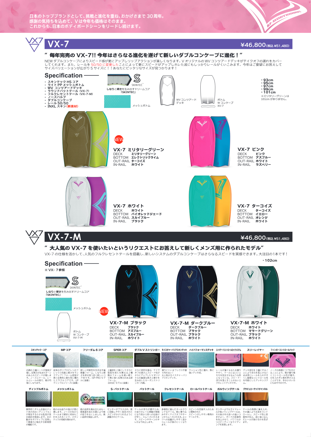 Product catalog page for VX-7 wakeboards, displaying four color variants with specs and diagrams.