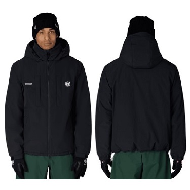Front and back view of a man wearing a black hooded windbreaker jacket with a small logo on the chest; he wears a black beanie and gloves. Back view shows the jacket hood and elastic hem.