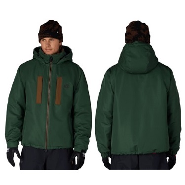 Front and back views of a man wearing a dark green winter jacket with brown chest patches, black gloves, and a brown beanie.