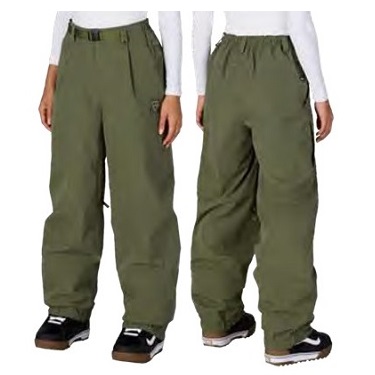 Olive green loose-fit pants with elastic waist and cargo pockets, shown from front and back on a model.
