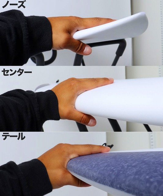Three-panel sequence showing a hand gripping a white board at three points labeled in Japanese: nose (ノーズ) at the front, center (センター) in the middle, and tail (テール) at the back, illustrating grip positions along the board.