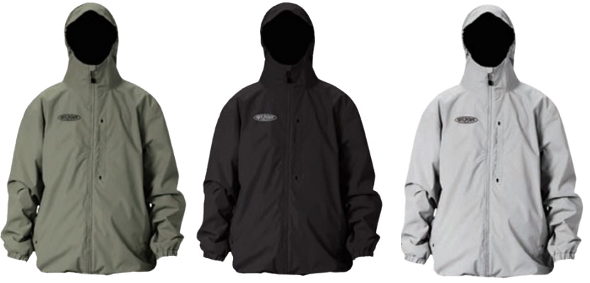 Set of three hooded jackets in olive green, black, and light gray, shown from the front with logos on the chest.