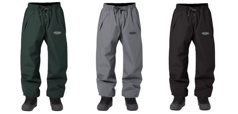 Set of three hiking pants in dark green, gray, and black shown from waist to boot with drawstring waists and cuffed ankles (logo on thigh).