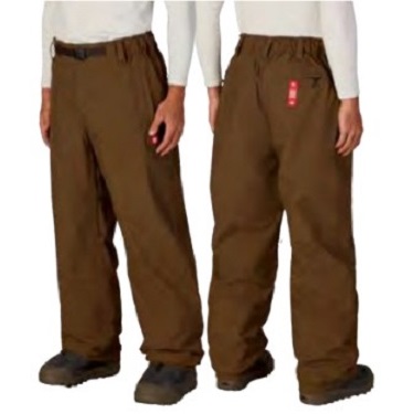 Two people wearing brown baggy pants with white tops and dark shoes, shown from the waist down (pants with elastic waist). They display front and back views with a tag on the back pocket.