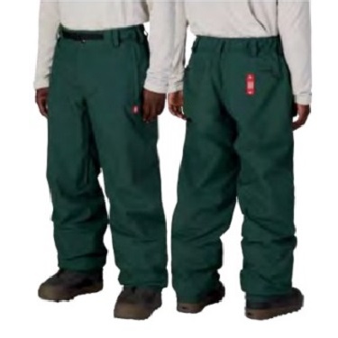 Two people stand side by side wearing dark green ski/snow pants with beige tops and sturdy boots.