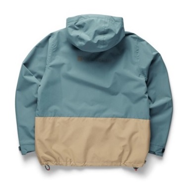 Back view of a teal and beige two-tone hooded windbreaker jacket with an adjustable hem drawcords at the bottom.