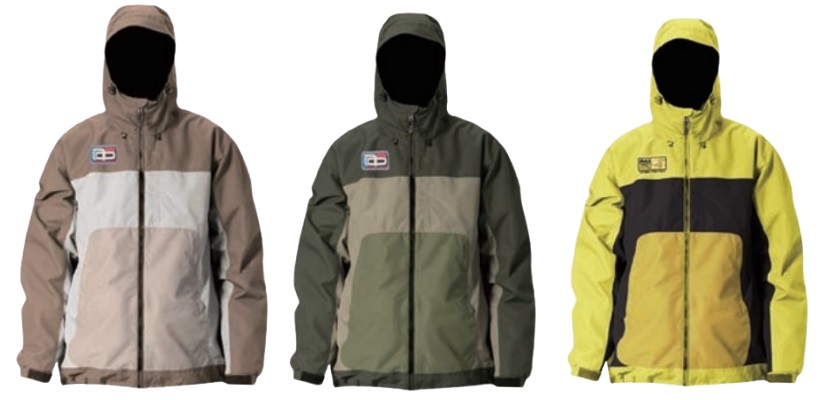 Three color-block hooded jackets displayed front-facing in tan, olive, and neon yellow/black, each with front zipper and chest patch logo.