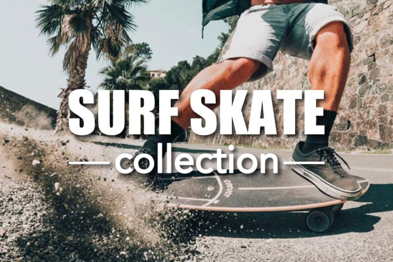 Skateboarder rides on a sunlit road with dust spraying from the wheels, overlaid by 'Surf Skate collection' text.