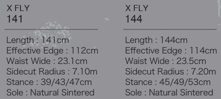 スクリーンシ 2026-05-04 112757 - SHOP NEWS | ムラサキスポーツオンラインストア 通販 Side-by-side specs for X FLY 141 and X FLY 144—their lengths, edges, waists, sidecuts, stances, and soles.