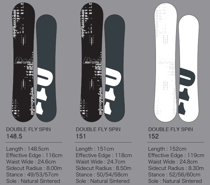 スクリーンショット 2026-05-04 122133 - SHOP NEWS | ムラサキスポーツオンラインストア 通販 Double Fly Spin snowboard 148.5 cm: length 148.5 cm, effective edge ~116 cm, waist 24.6 cm, sidecut 8.0 m, stance 49/53/57 cm, natural sintered sole.