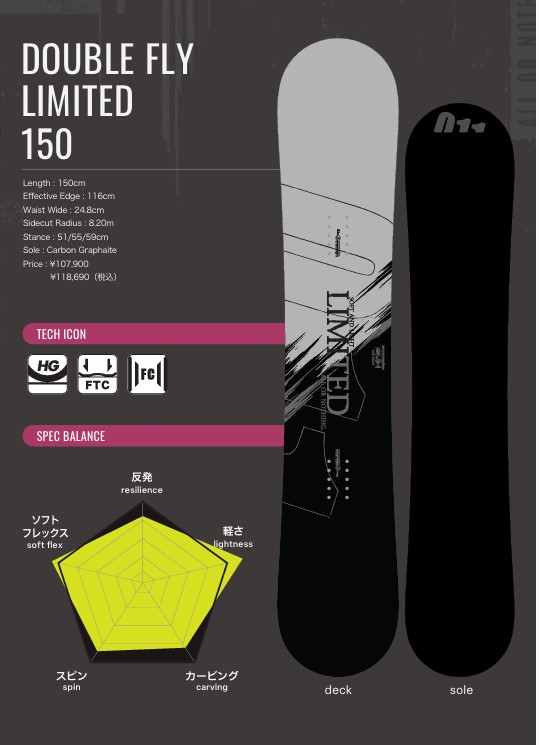 スクリーンショット 2026-05-04 144856 - SHOP NEWS | ムラサキスポーツオンラインストア 通販 Snowboard product sheet for Double Fly Limited 150, showing deck and sole silhouettes, size 150 cm with edge 116 cm and waist 24.8 cm, plus a yellow balance radar chart indicating soft flex, resilience, lightness, carving, and spin.
