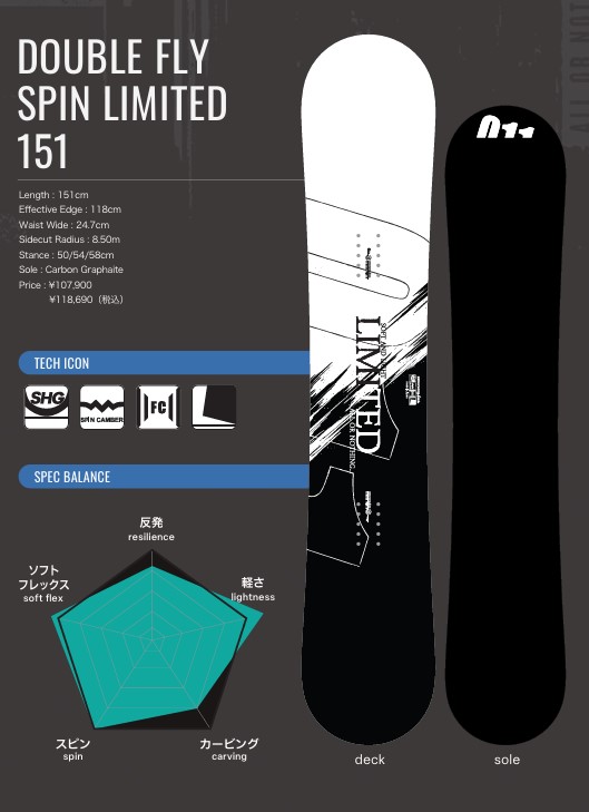 スクリーンショット 2026-05-04 153155 - SHOP NEWS | ムラサキスポーツオンラインストア 通販 Promotional snowboard layout for 'DOUBLE FLY SPIN LIMITED 151' showing a white-to-black deck image on the left and a solid black sole image on the right. Includes model specs: Length 151 cm, Effective Edge 118 cm, Waist 24.7 cm, Stance 50/54/58 cm, Sole: Carbon Graphite, Price ¥107,900 (incl. tax). Features blue category bars labeled Tech Icon and Spec Balance, certification logos, and a teal radar chart showing balance metrics (soft flex, resilience, lightweight, carving, spin).