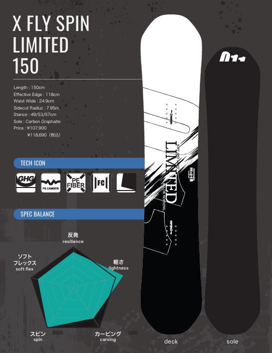 スクリーンショット 2026-05-04 155618 - SHOP NEWS | ムラサキスポーツオンラインストア 通販 Snowboard X FLY SPIN LIMITED 150 with specs panel: length 150 cm, effective edge 118 cm, waist 24.9 cm, sidecut radius 7.95 m, shown alongside diagrams and balance chart.