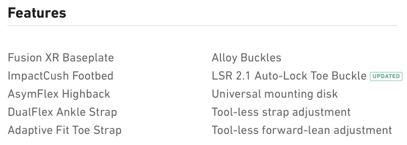 Features list for snowboard bindings: baseplate, footbed, highback, straps, buckles, mounting disk, and tool-less adjustments.