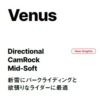 Venus product header: Directional CamRock Mid-Soft snowboard with a New Graphic badge and a Japanese tagline about park riding accessibility for ambitious riders.