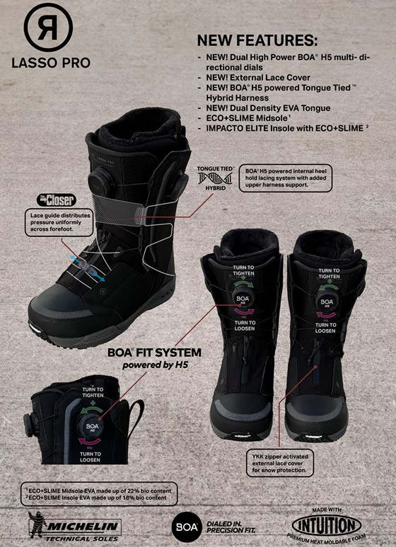 スクリーンショット 2026-05-11 200311 - SHOP NEWS | ムラサキスポーツオンラインストア 通販 Main black Lasso Pro boot with BOA fit system, shown with close-ups of the turn-to-tighten dials, external lace cover, and dual tongue/hold features; feature bullets listed to the right.